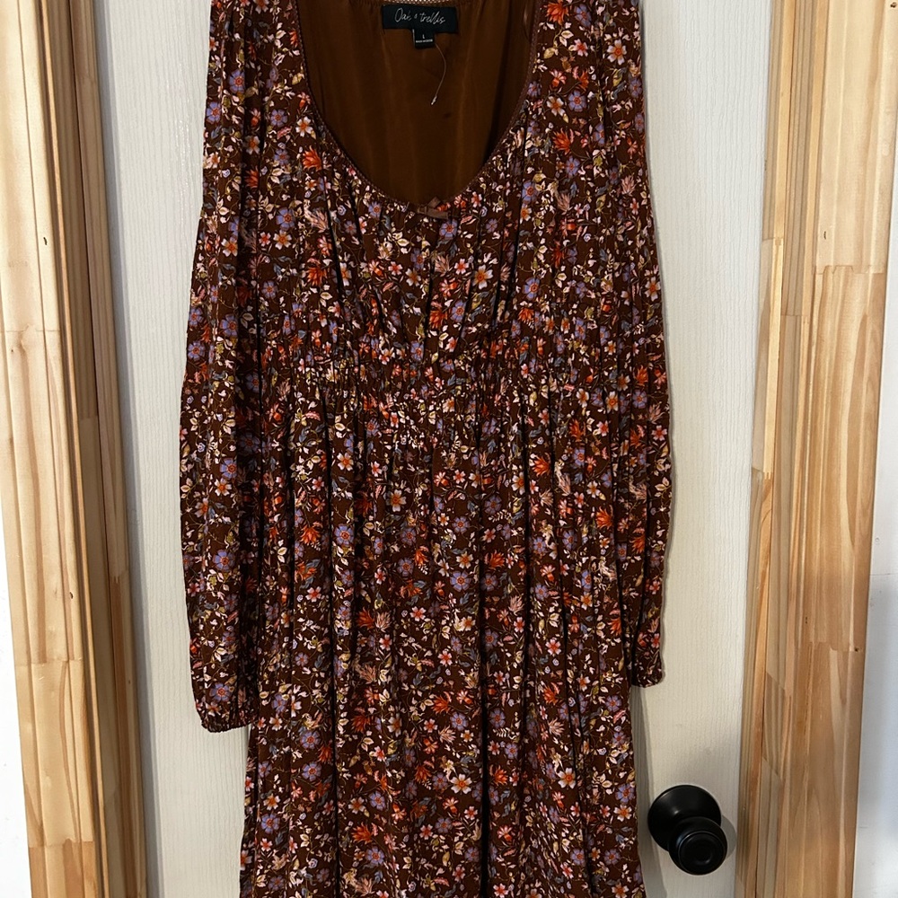 ONE WORLD Brown and Cream Bishop Sleeve Sundress